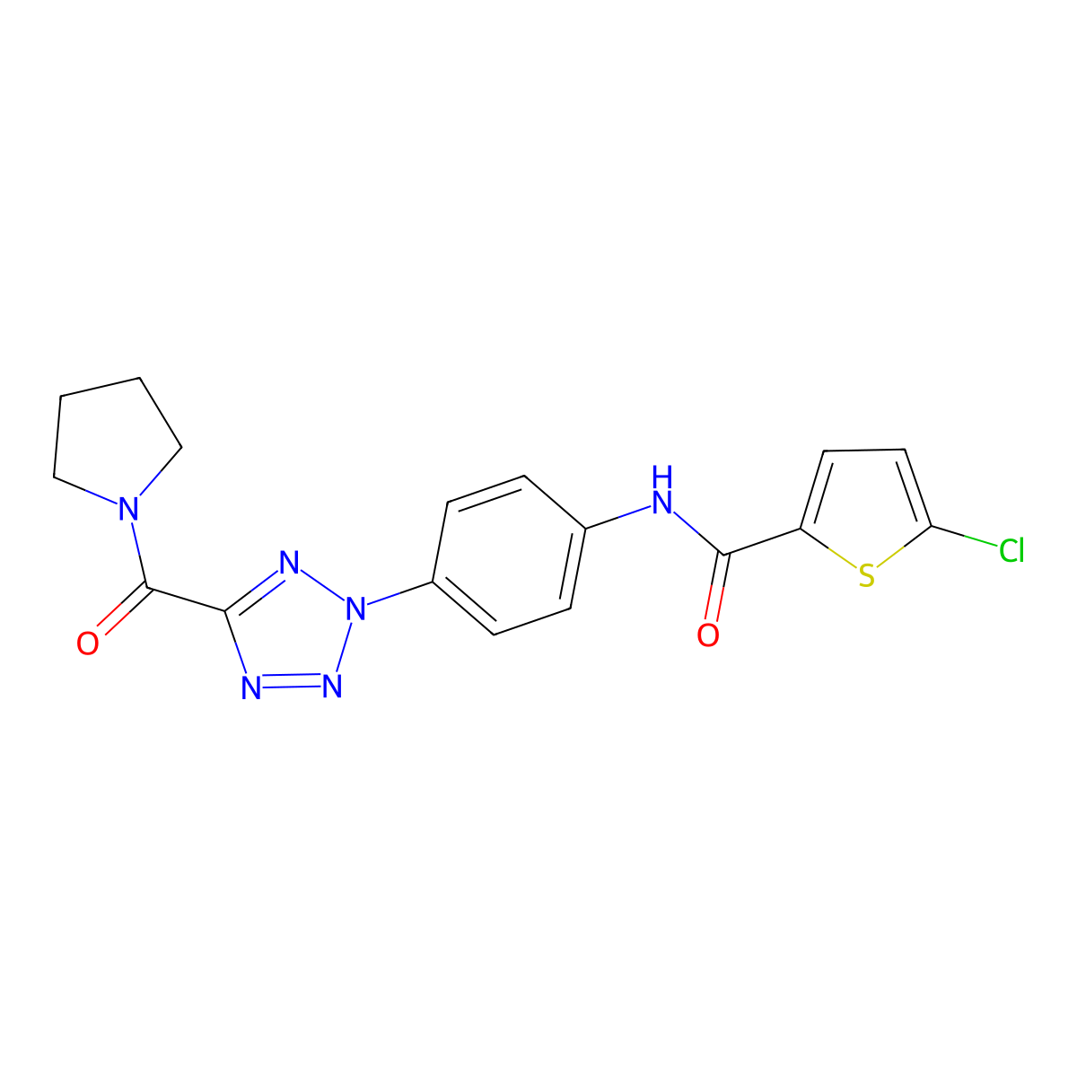 5-chloro-N-(4-(5-(pyrrolidine-1-carbonyl)-2H-tetrazol-2-yl)phenyl)thiophene-2-carboxamide molecular structure, CAS 1396637-42-5
