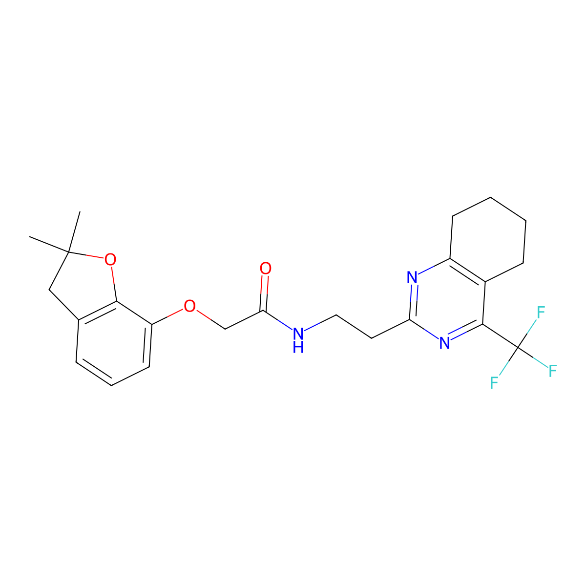 2-((2,2-dimethyl-2,3-dihydrobenzofuran-7-yl)oxy)-N-(2-(4-(trifluoromethyl)-5,6,7,8-tetrahydroquinazolin-2-yl)ethyl)acetamide molecular structure, CAS 1396637-45-8