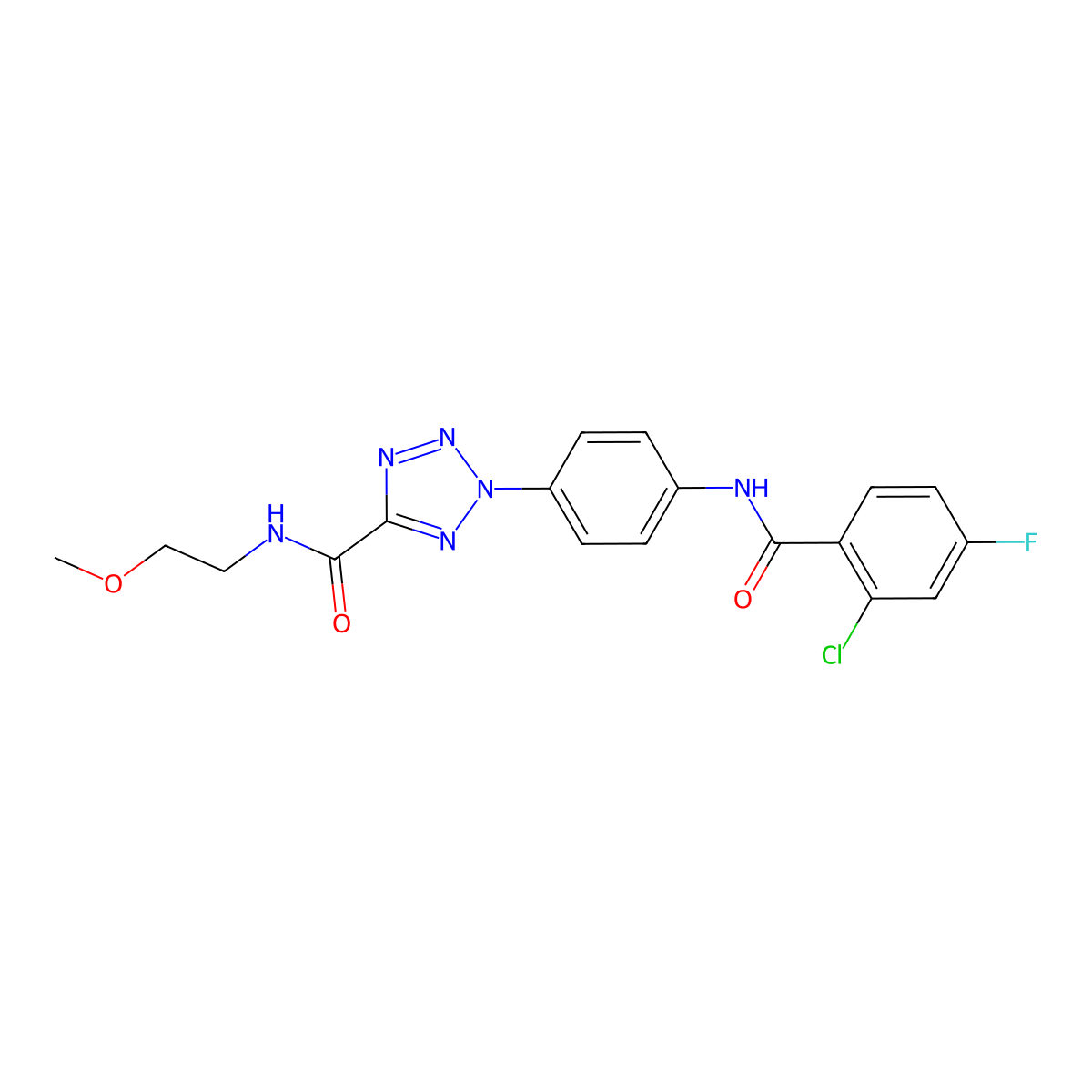 2-(4-(2-chloro-4-fluorobenzamido)phenyl)-N-(2-methoxyethyl)-2H-tetrazole-5-carboxamide molecular structure, CAS 1396637-54-9