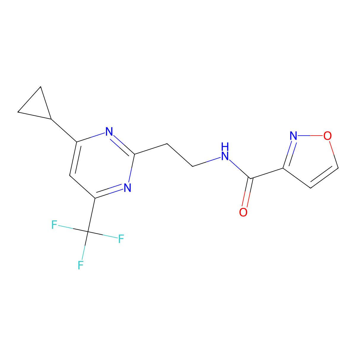 N-(2-(4-cyclopropyl-6-(trifluoromethyl)pyrimidin-2-yl)ethyl)isoxazole-3-carboxamide molecular structure, CAS 1396637-55-0