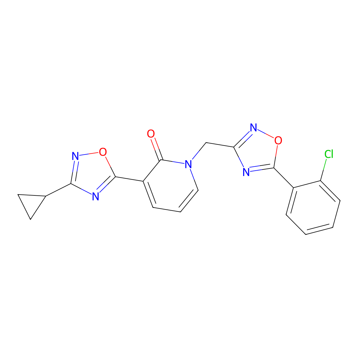1-((5-(2-chlorophenyl)-1,2,4-oxadiazol-3-yl)methyl)-3-(3-cyclopropyl-1,2,4-oxadiazol-5-yl)pyridin-2(1H)-one molecular structure, CAS 1396637-65-2