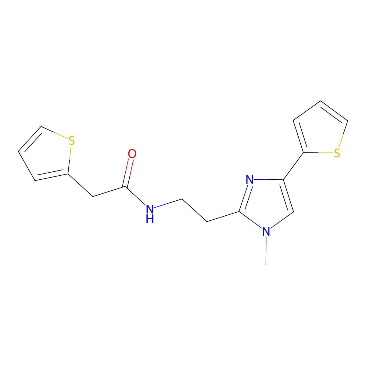 N-(2-(1-methyl-4-(thiophen-2-yl)-1H-imidazol-2-yl)ethyl)-2-(thiophen-2-yl)acetamide molecular structure, CAS 1396637-73-2