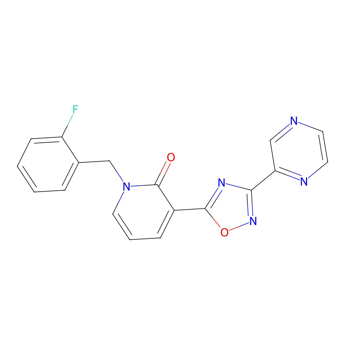 1-(2-fluorobenzyl)-3-(3-(pyrazin-2-yl)-1,2,4-oxadiazol-5-yl)pyridin-2(1H)-one molecular structure, CAS 1396637-75-4