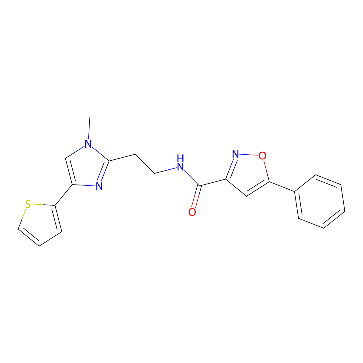 N-(2-(1-methyl-4-(thiophen-2-yl)-1H-imidazol-2-yl)ethyl)-5-phenylisoxazole-3-carboxamide molecular structure, CAS 1396637-84-5