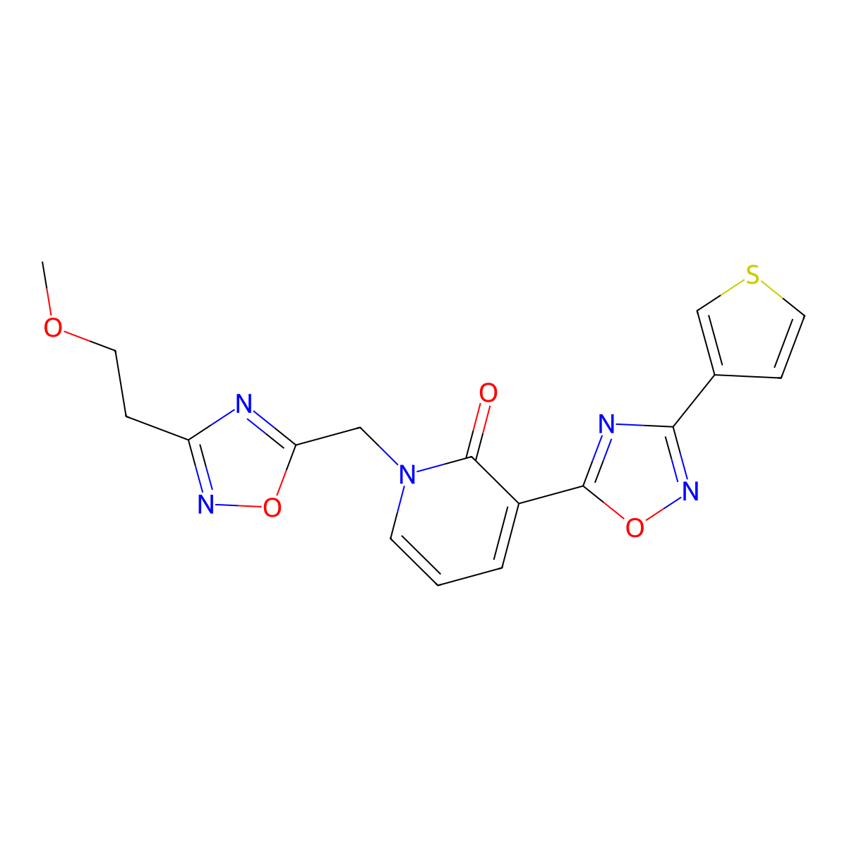 1-{[3-(2-Methoxyethyl)-1,2,4-oxadiazol-5-yl]methyl}-3-[3-(thiophen-3-yl)-1,2,4-oxadiazol-5-yl]-1,2-dihydropyridin-2-one molecular structure, CAS 1396637-92-5