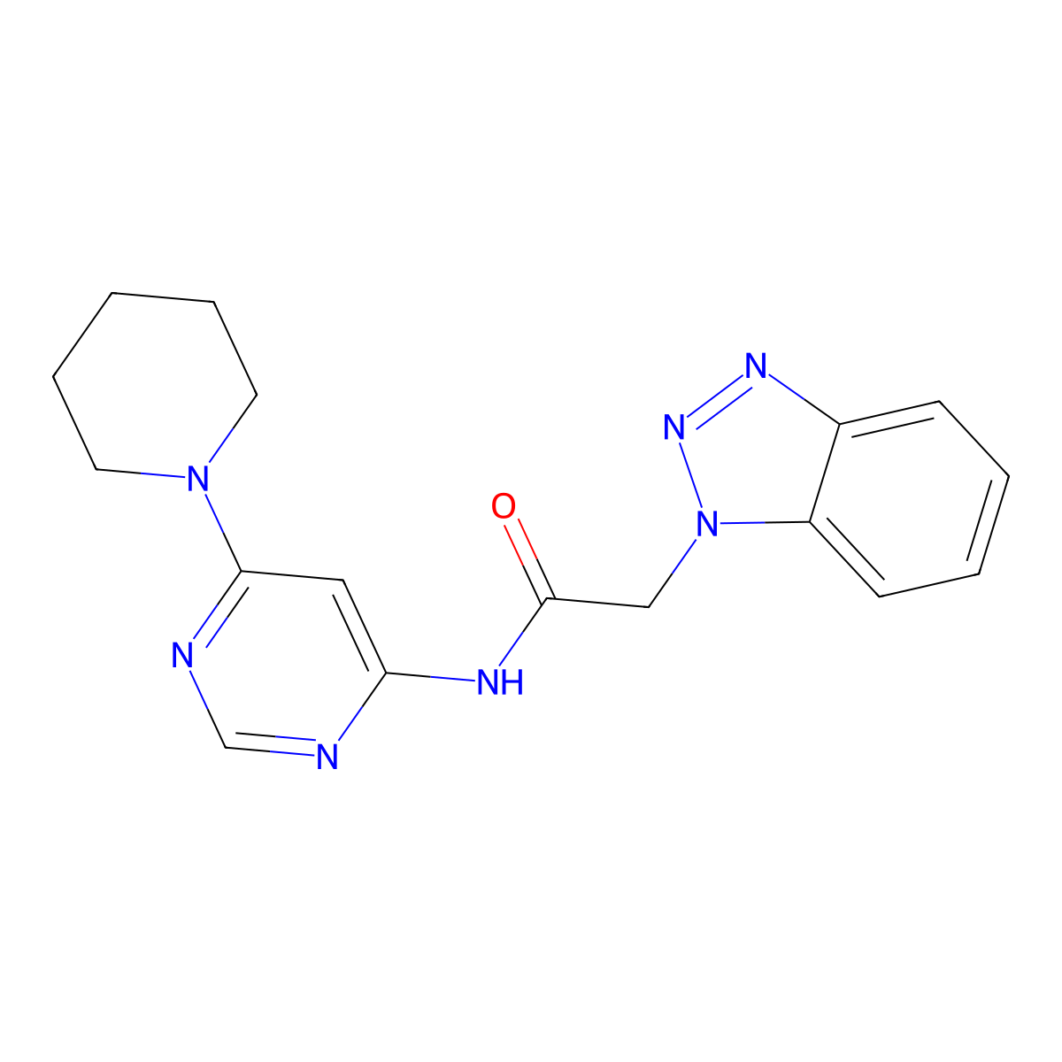 2-(1H-benzo[d][1,2,3]triazol-1-yl)-N-(6-(piperidin-1-yl)pyrimidin-4-yl)acetamide molecular structure, CAS 1396673-38-3