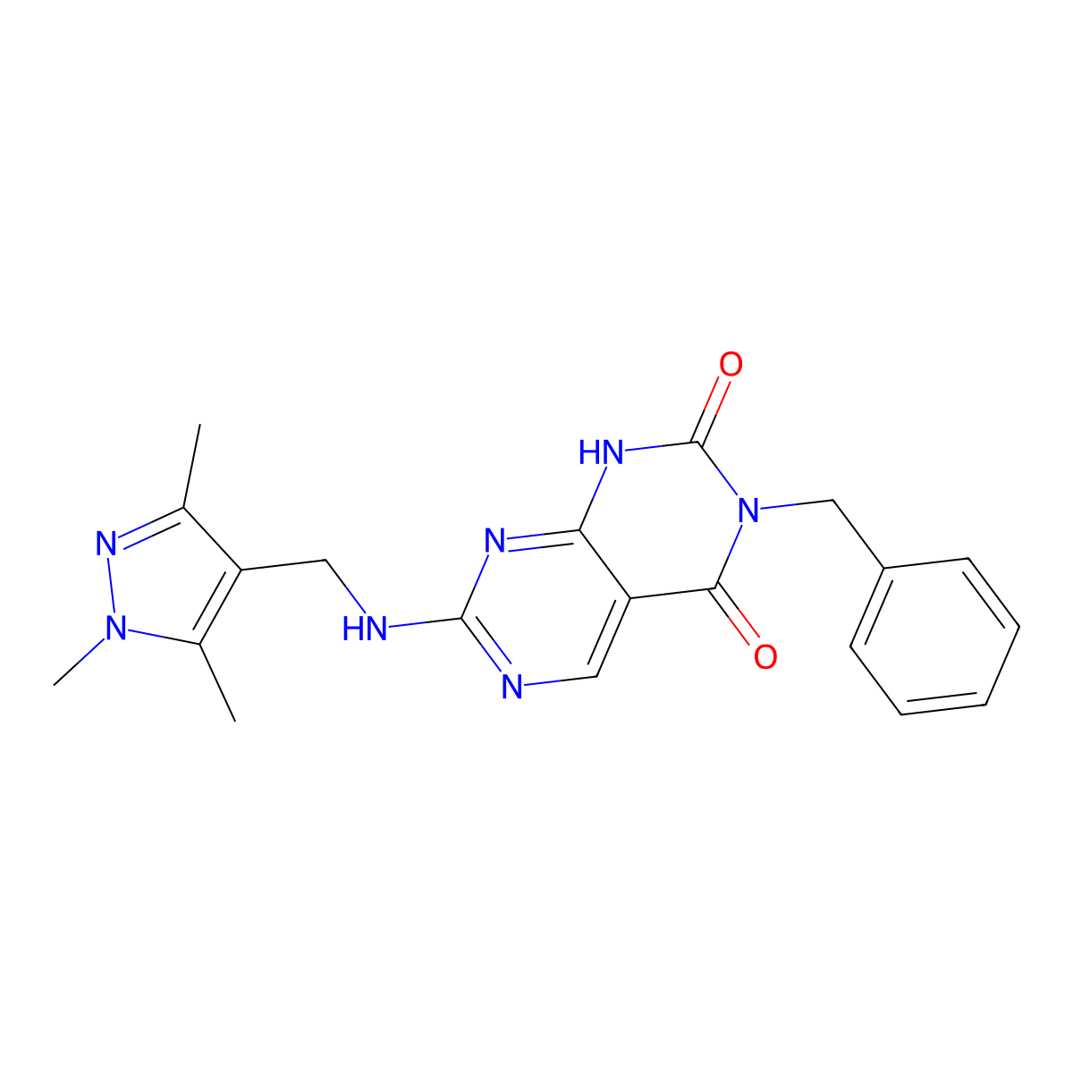 3-benzyl-7-{[(1,3,5-trimethyl-1H-pyrazol-4-yl)methyl]amino}pyrimido[4,5-d]pyrimidine-2,4(1H,3H)-dione molecular structure, CAS 1396673-58-7