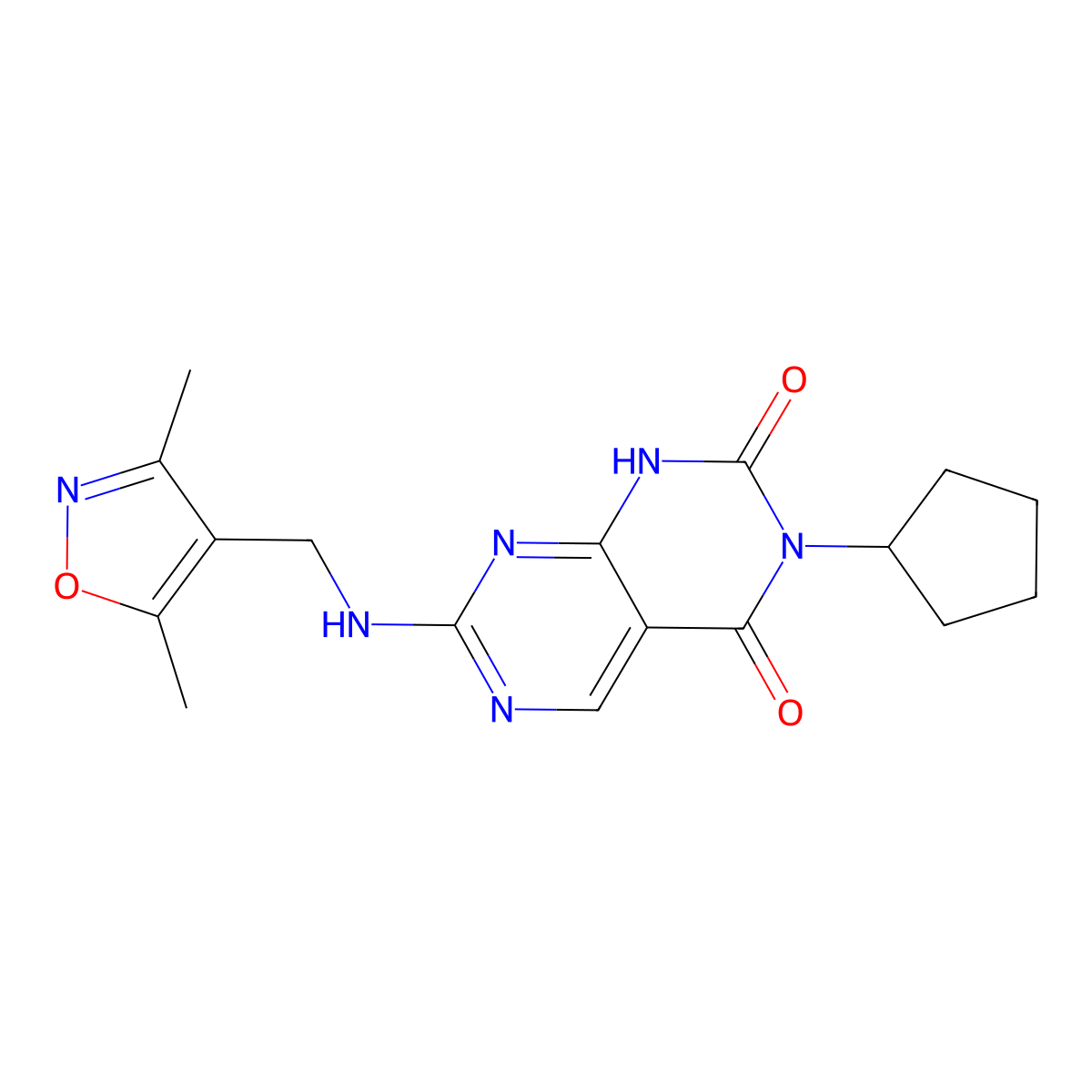 3-cyclopentyl-7-(((3,5-dimethylisoxazol-4-yl)methyl)amino)pyrimido[4,5-d]pyrimidine-2,4(1H,3H)-dione molecular structure, CAS 1396673-63-4