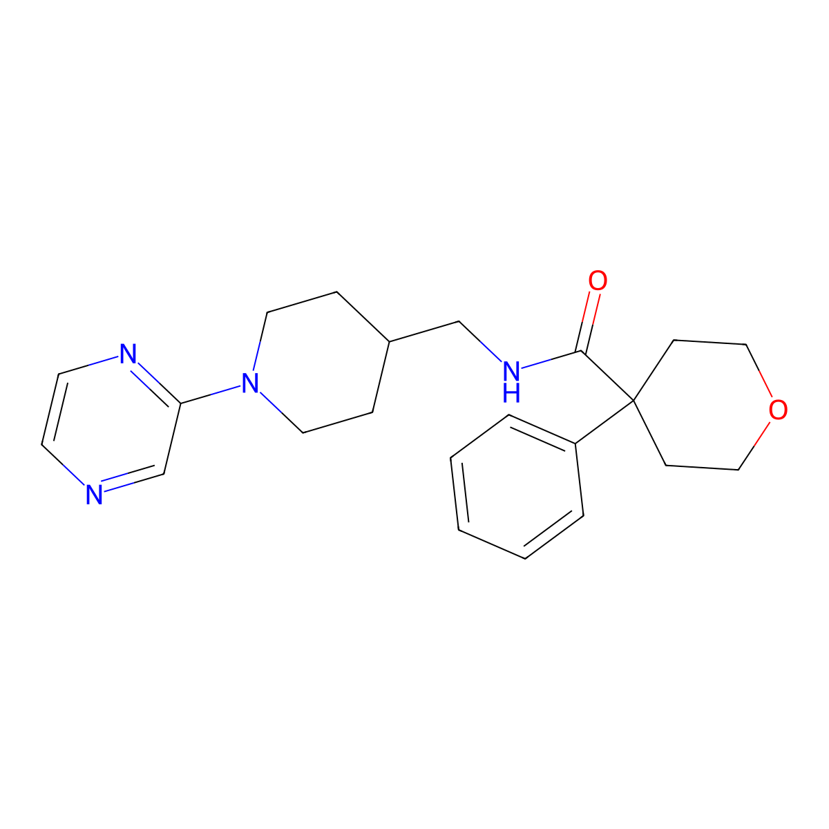 4-phenyl-N-((1-(pyrazin-2-yl)piperidin-4-yl)methyl)tetrahydro-2H-pyran-4-carboxamide molecular structure, CAS 1396673-68-9