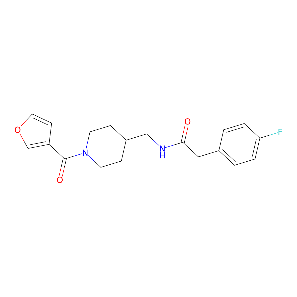2-(4-fluorophenyl)-N-((1-(furan-3-carbonyl)piperidin-4-yl)methyl)acetamide molecular structure, CAS 1396673-75-8