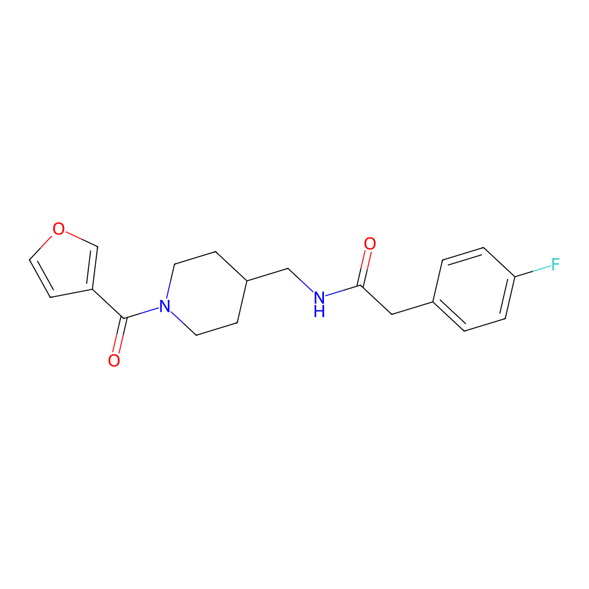 2-(4-fluorophenyl)-N-((1-(furan-3-carbonyl)piperidin-4-yl)methyl)acetamide molecular structure, CAS 1396673-75-8