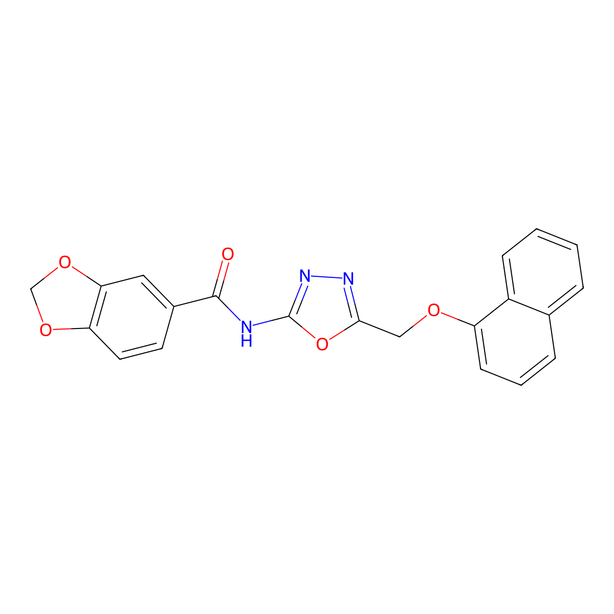 N-(5-((naphthalen-1-yloxy)methyl)-1,3,4-oxadiazol-2-yl)benzo[d][1,3]dioxole-5-carboxamide molecular structure, CAS 1396673-79-2