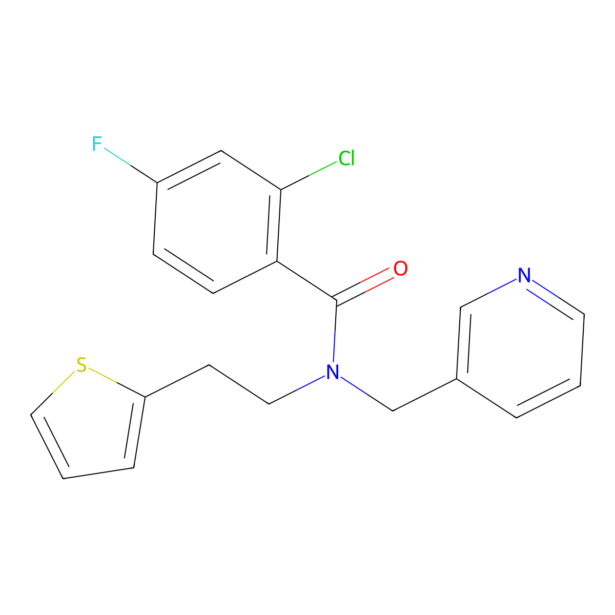 2-chloro-4-fluoro-N-(pyridin-3-ylmethyl)-N-(2-(thiophen-2-yl)ethyl)benzamide molecular structure, CAS 1396673-82-7