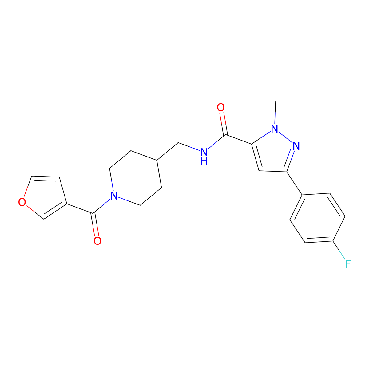 3-(4-fluorophenyl)-N-{[1-(furan-3-carbonyl)piperidin-4-yl]methyl}-1-methyl-1H-pyrazole-5-carboxamide molecular structure, CAS 1396673-85-0
