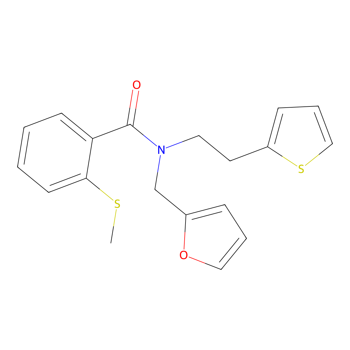 N-(furan-2-ylmethyl)-2-(methylthio)-N-(2-(thiophen-2-yl)ethyl)benzamide molecular structure, CAS 1396673-89-4