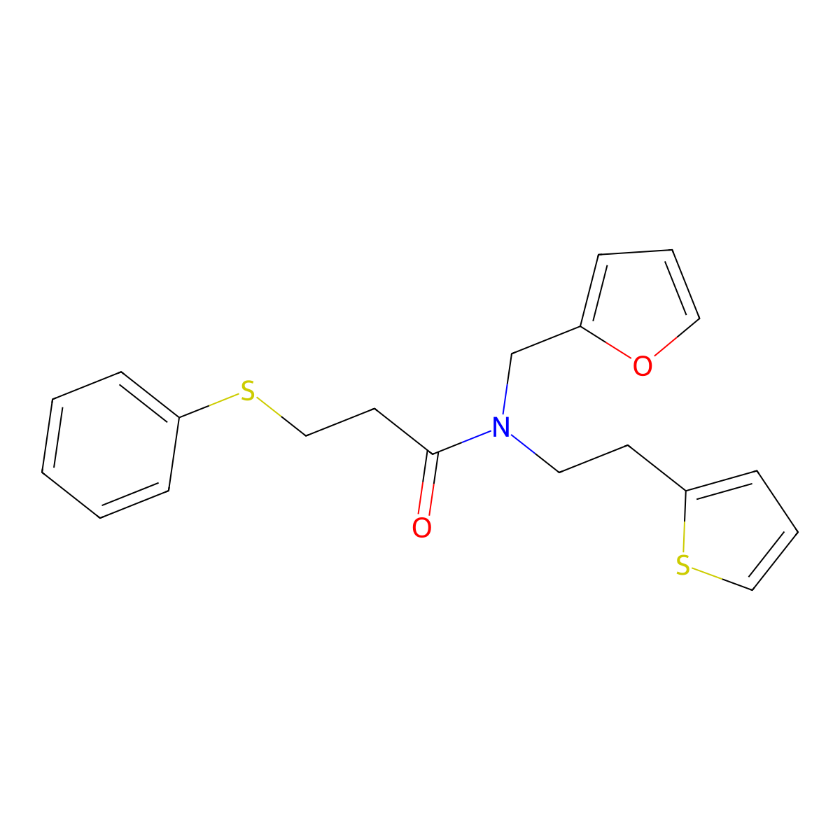 N-(furan-2-ylmethyl)-3-(phenylthio)-N-(2-(thiophen-2-yl)ethyl)propanamide molecular structure, CAS 1396673-90-7