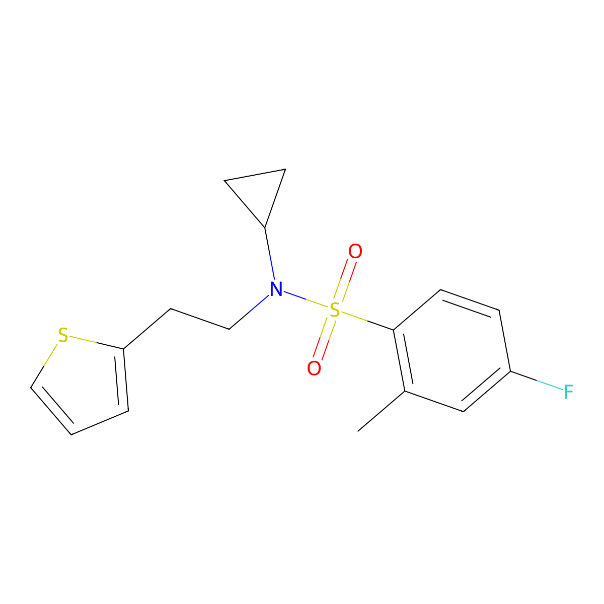 N-cyclopropyl-4-fluoro-2-methyl-N-(2-(thiophen-2-yl)ethyl)benzenesulfonamide molecular structure, CAS 1396674-04-6