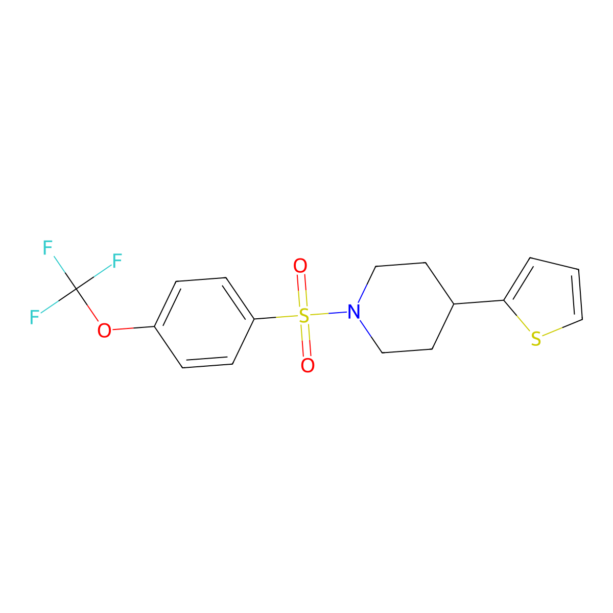 4-(Thiophen-2-yl)-1-((4-(trifluoromethoxy)phenyl)sulfonyl)piperidine molecular structure, CAS 1396674-50-2