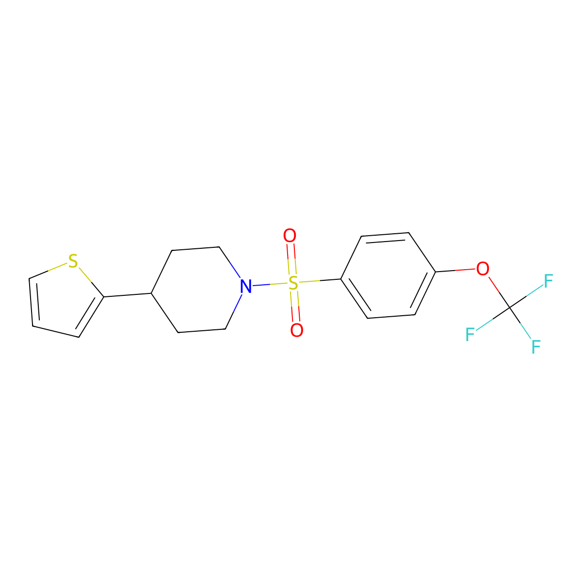 4-(Thiophen-2-yl)-1-((4-(trifluoromethoxy)phenyl)sulfonyl)piperidine molecular structure, CAS 1396674-50-2