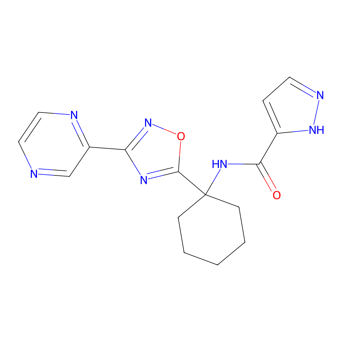 N-[1-(3-pyrazin-2-yl-1,2,4-oxadiazol-5-yl)cyclohexyl]-1H-pyrazole-3-carboxamide molecular structure, CAS 1396674-64-8