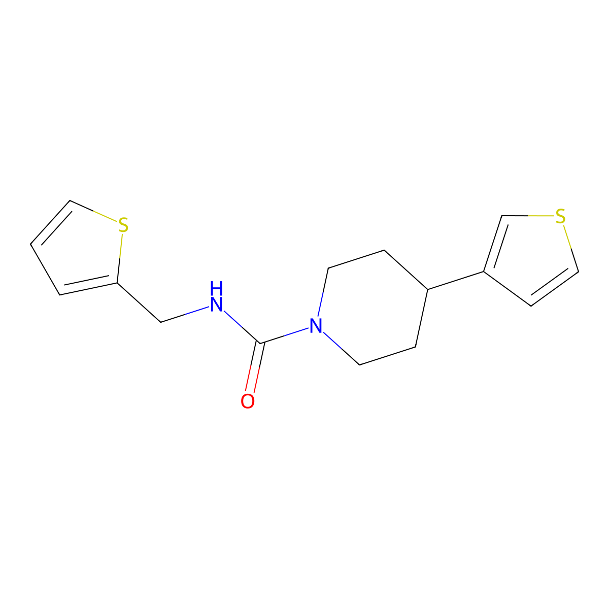 N-(thiophen-2-ylmethyl)-4-(thiophen-3-yl)piperidine-1-carboxamide molecular structure, CAS 1396674-66-0