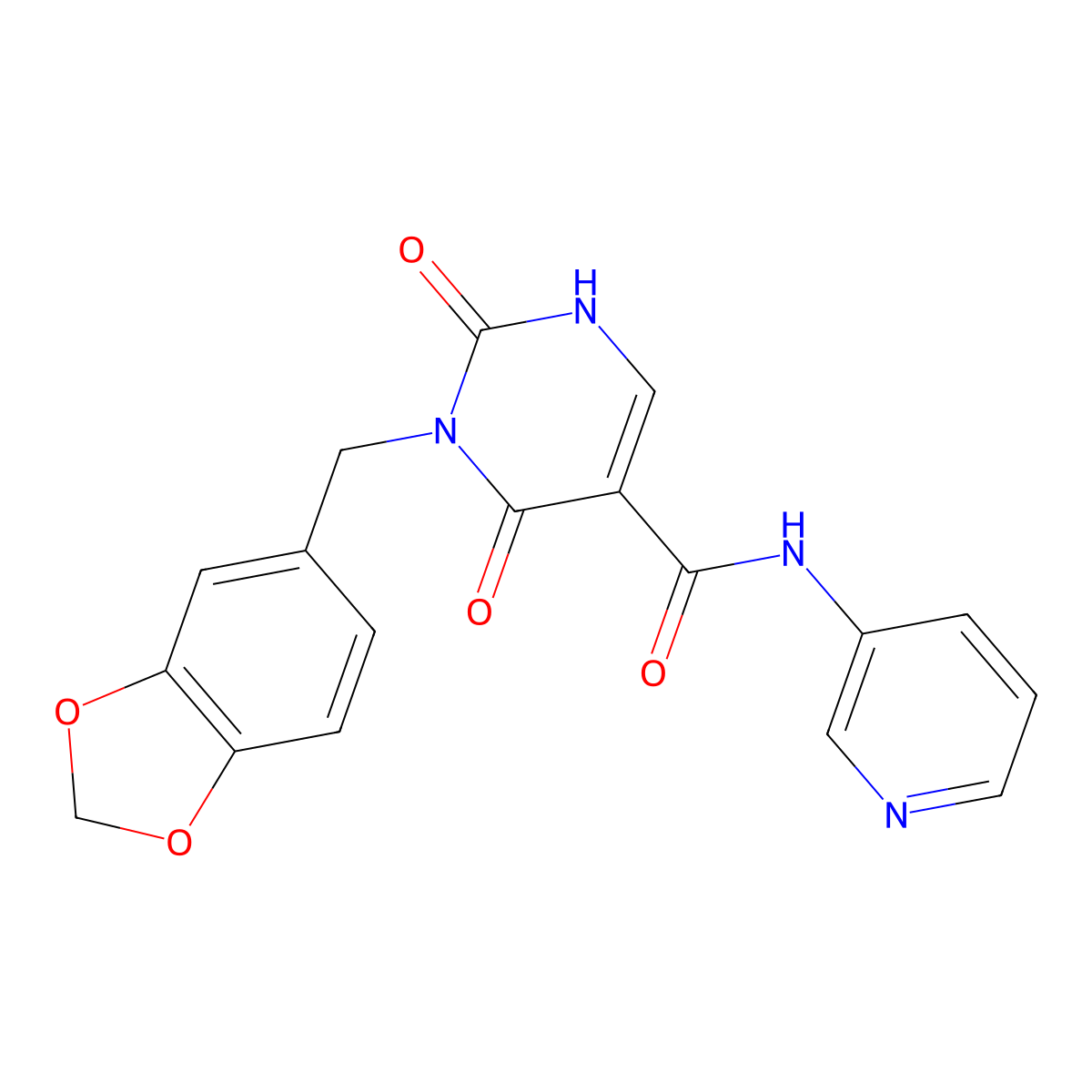 3-(benzo[d][1,3]dioxol-5-ylmethyl)-2,4-dioxo-N-(pyridin-3-yl)-1,2,3,4-tetrahydropyrimidine-5-carboxamide molecular structure, CAS 1396674-76-2