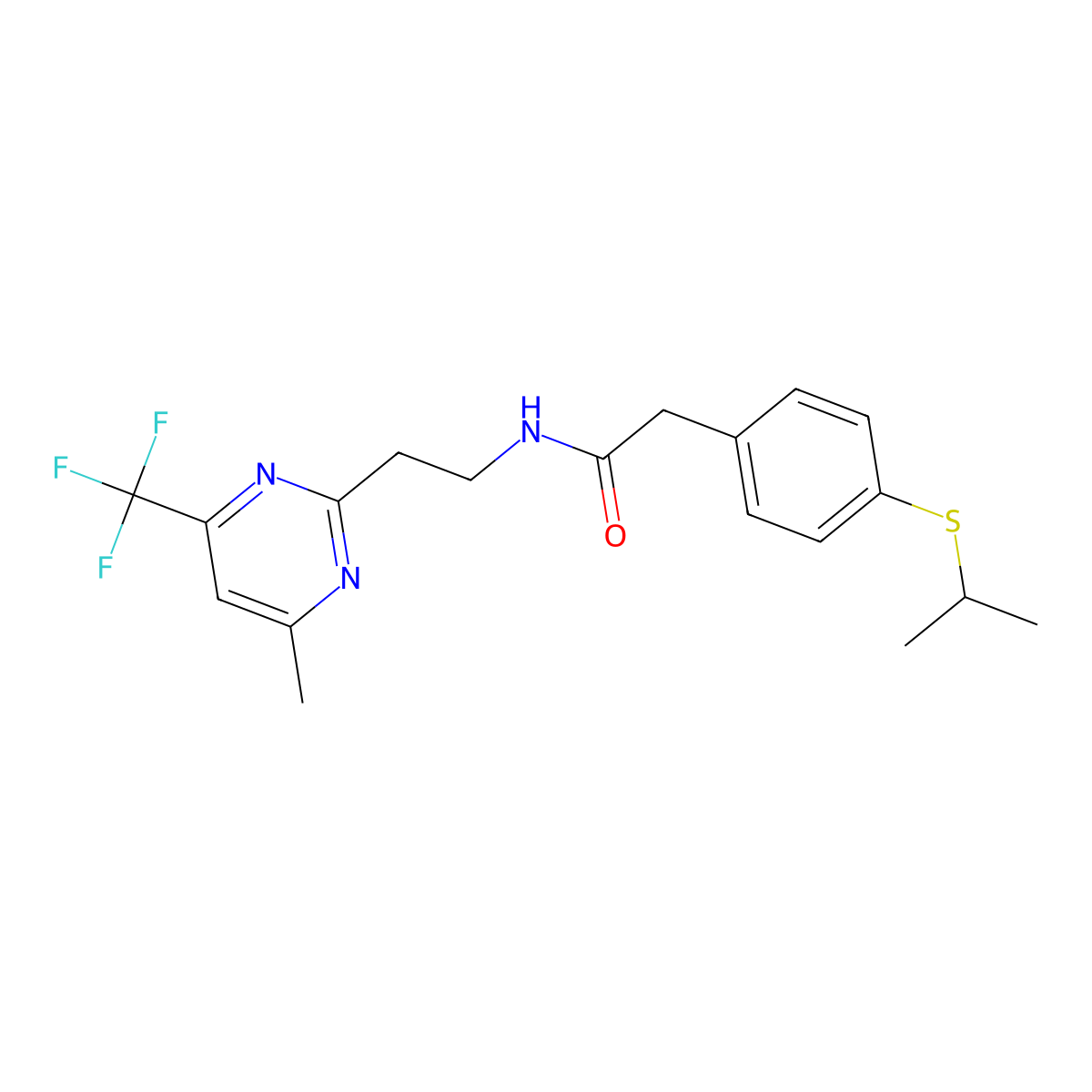 2-(4-(isopropylthio)phenyl)-N-(2-(4-methyl-6-(trifluoromethyl)pyrimidin-2-yl)ethyl)acetamide molecular structure, CAS 1396674-83-1