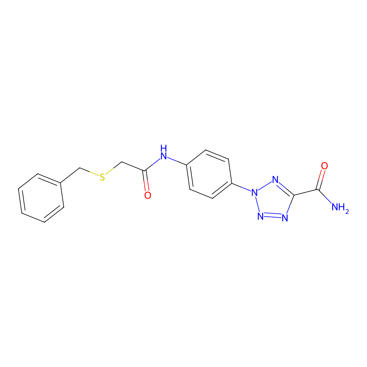2-(4-(2-(benzylthio)acetamido)phenyl)-2H-tetrazole-5-carboxamide molecular structure, CAS 1396674-90-0