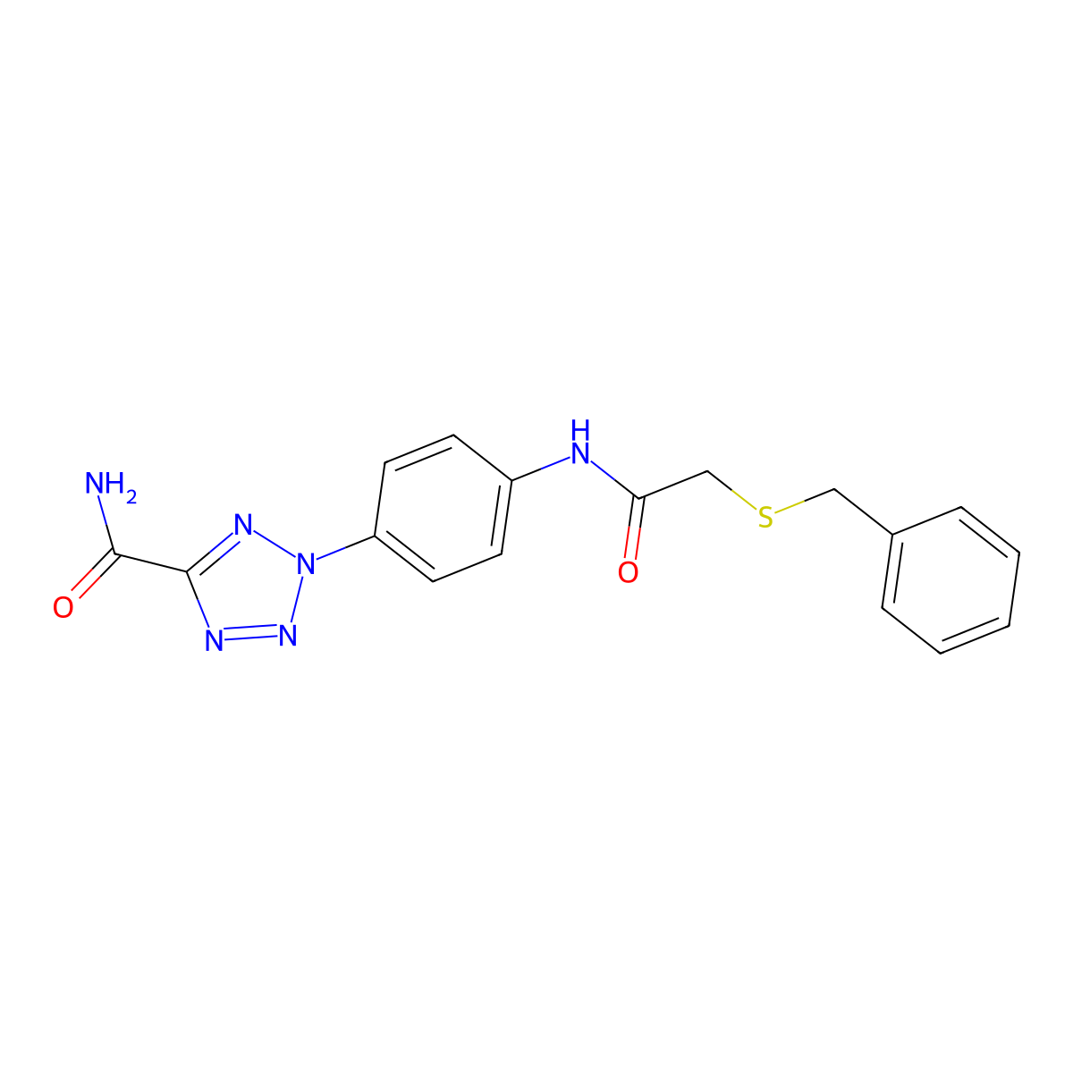 2-(4-(2-(benzylthio)acetamido)phenyl)-2H-tetrazole-5-carboxamide molecular structure, CAS 1396674-90-0