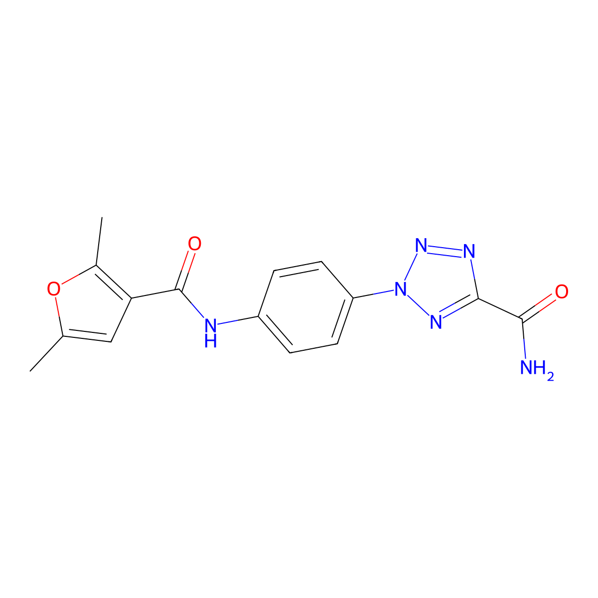 2-(4-(2,5-dimethylfuran-3-carboxamido)phenyl)-2H-tetrazole-5-carboxamide molecular structure, CAS 1396675-05-0