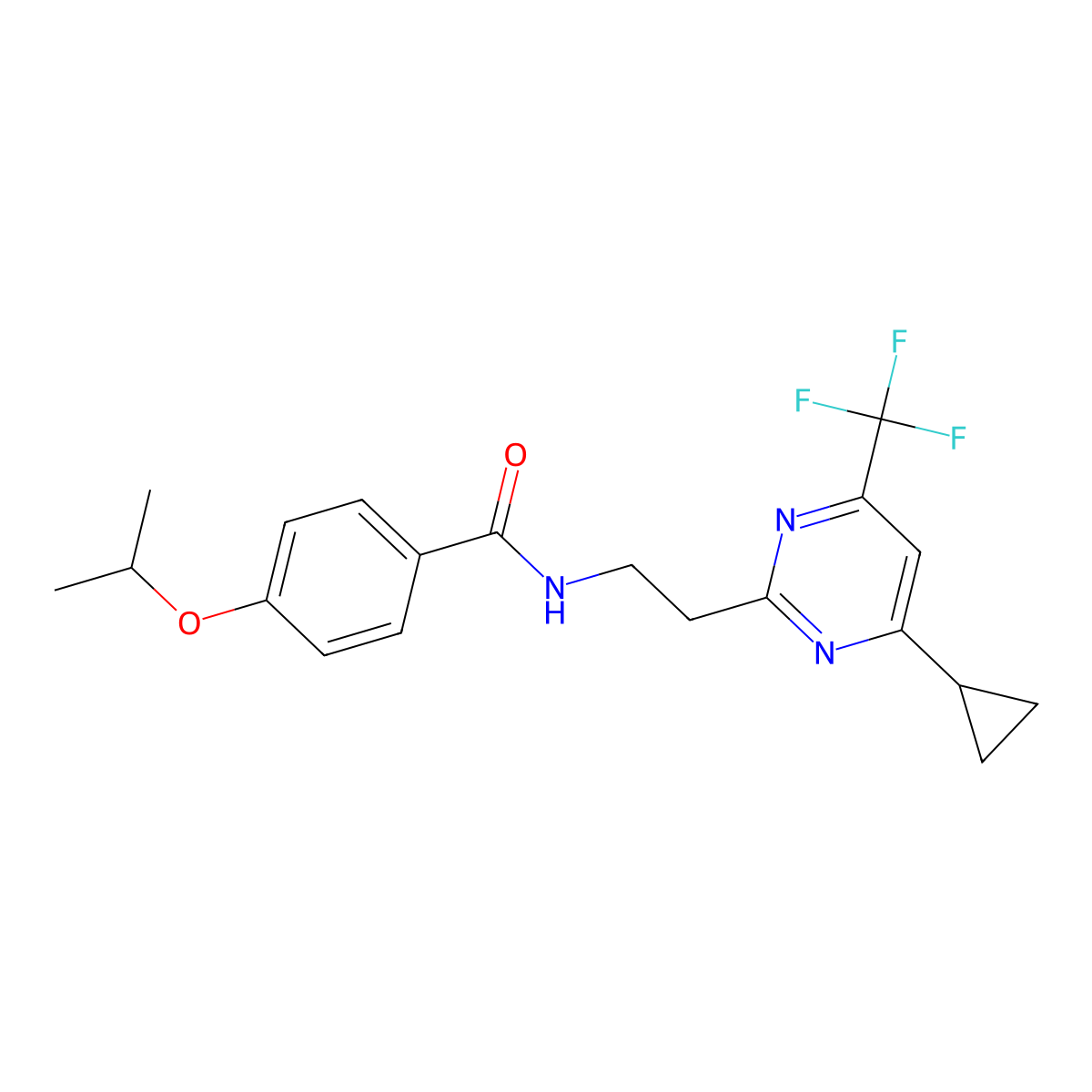 N-(2-(4-cyclopropyl-6-(trifluoromethyl)pyrimidin-2-yl)ethyl)-4-isopropoxybenzamide molecular structure, CAS 1396675-25-4