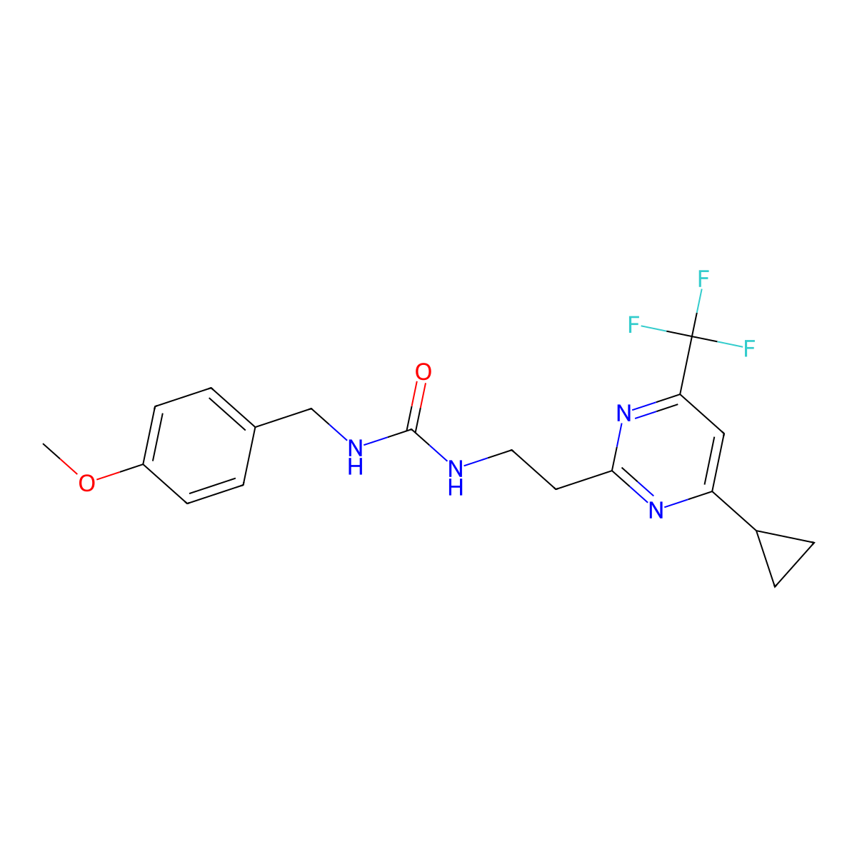 1-(2-(4-Cyclopropyl-6-(trifluoromethyl)pyrimidin-2-yl)ethyl)-3-(4-methoxybenzyl)urea molecular structure, CAS 1396675-46-9