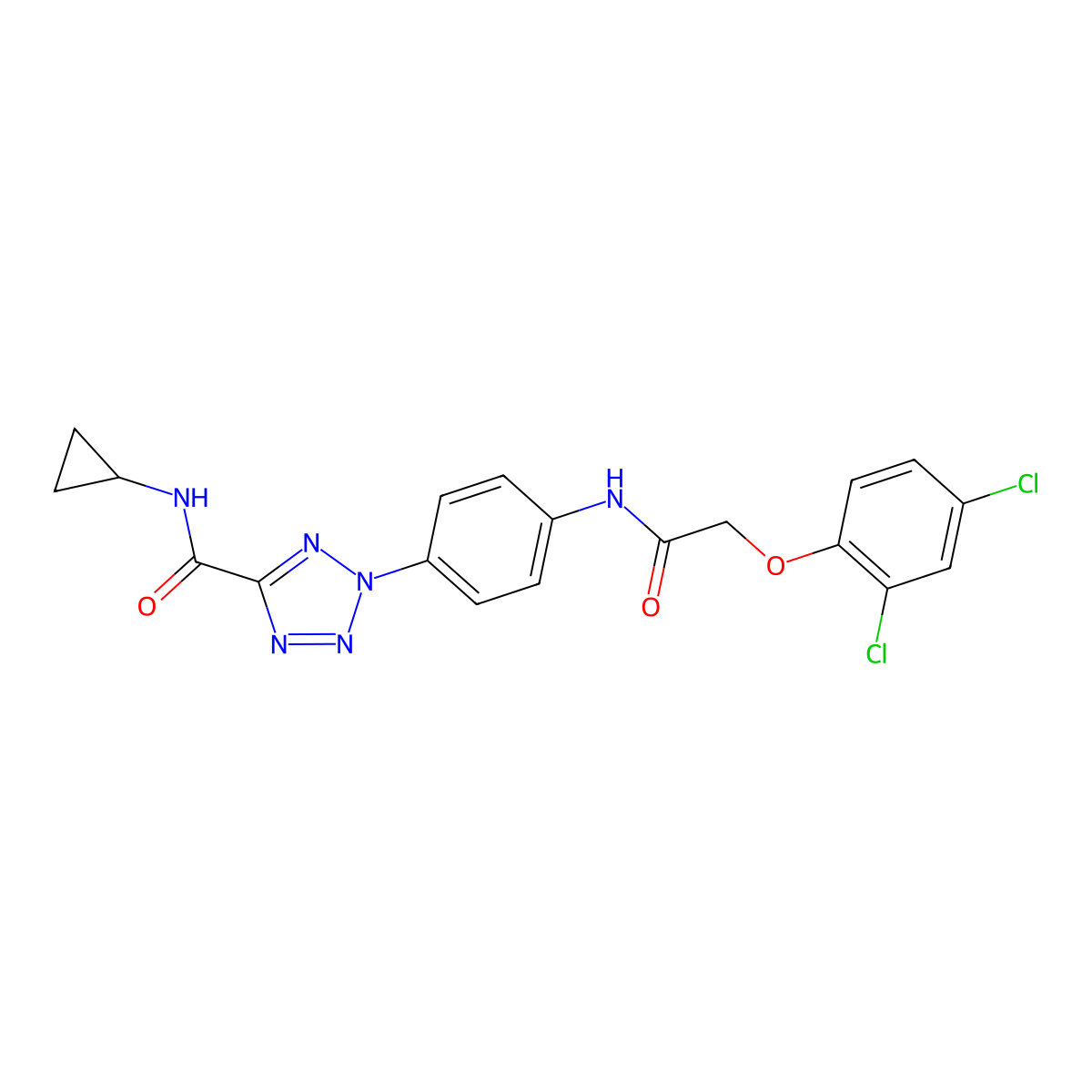 N-cyclopropyl-2-(4-(2-(2,4-dichlorophenoxy)acetamido)phenyl)-2H-tetrazole-5-carboxamide molecular structure, CAS 1396675-54-9