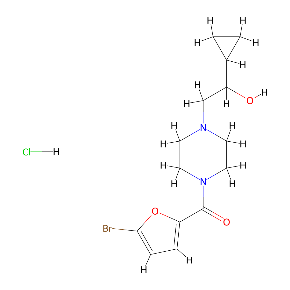 (5-Bromofuran-2-yl)(4-(2-cyclopropyl-2-hydroxyethyl)piperazin-1-yl)methanone hydrochloride molecular structure, CAS 1396675-86-7