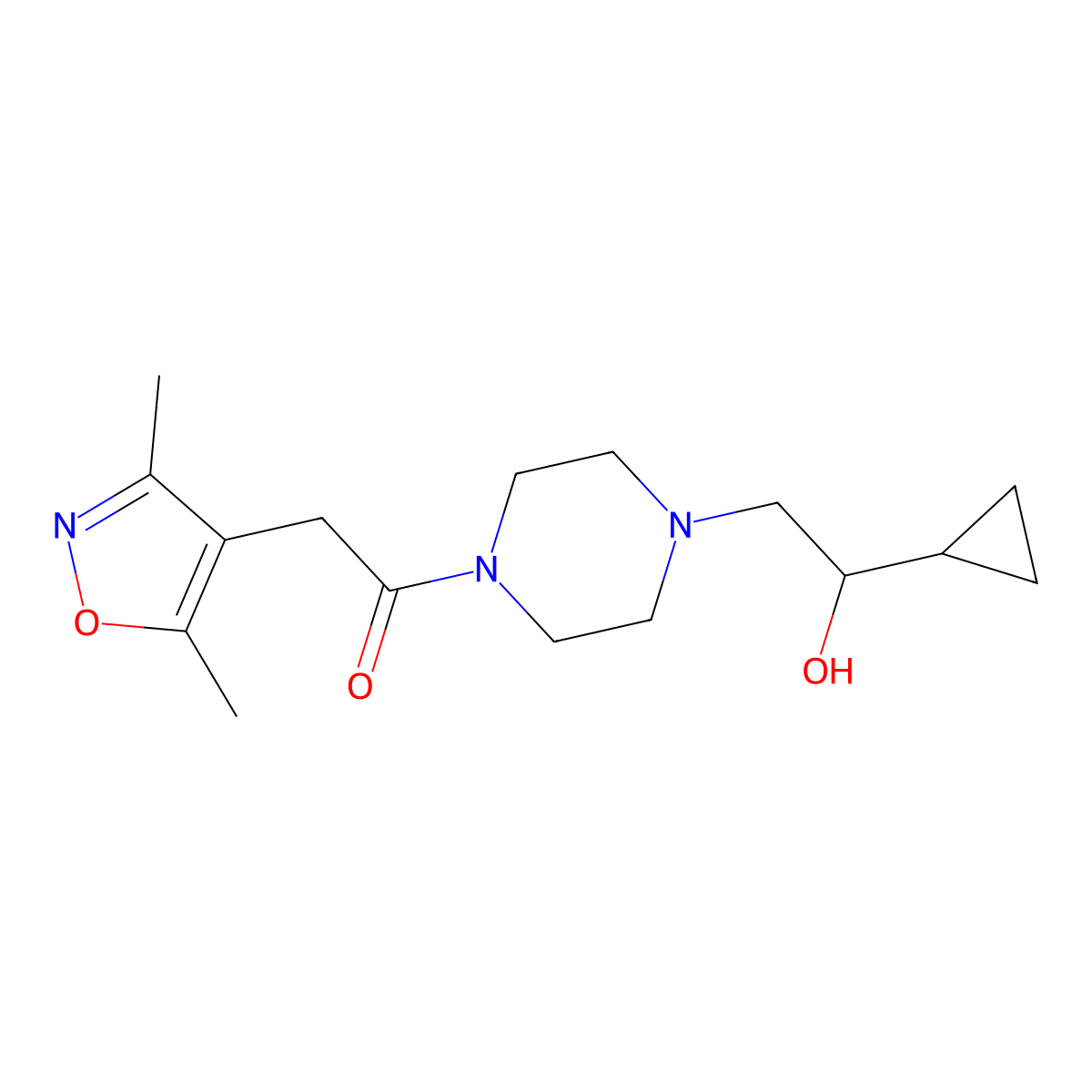 1-(4-(2-Cyclopropyl-2-hydroxyethyl)piperazin-1-yl)-2-(3,5-dimethylisoxazol-4-yl)ethanone molecular structure, CAS 1396675-91-4