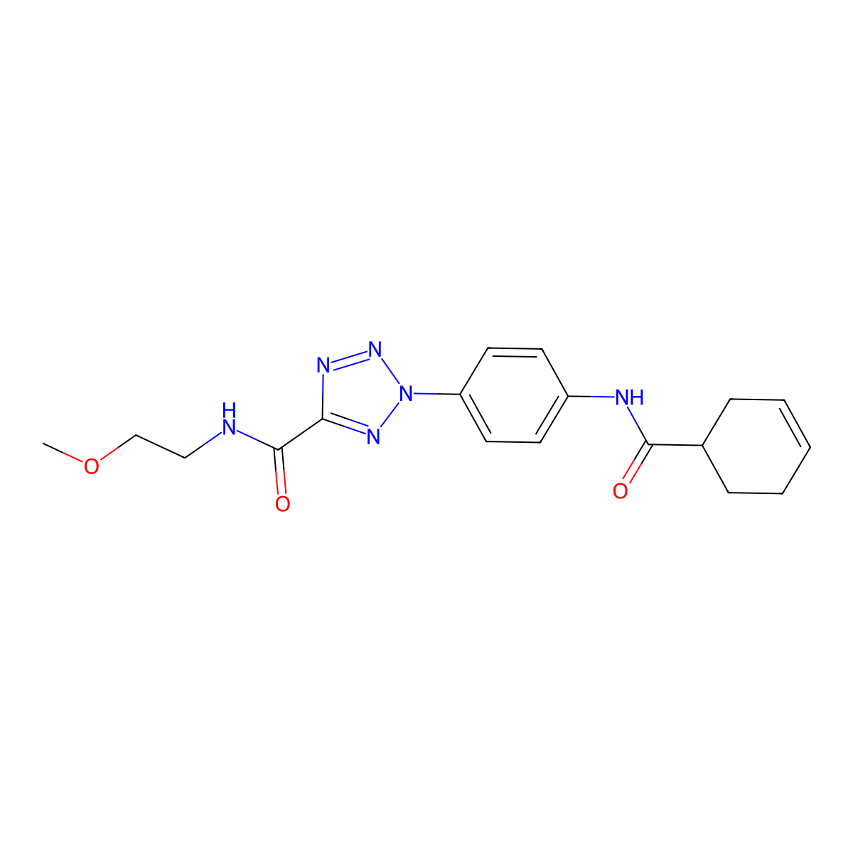 2-(4-(cyclohex-3-enecarboxamido)phenyl)-N-(2-methoxyethyl)-2H-tetrazole-5-carboxamide molecular structure, CAS 1396675-92-5