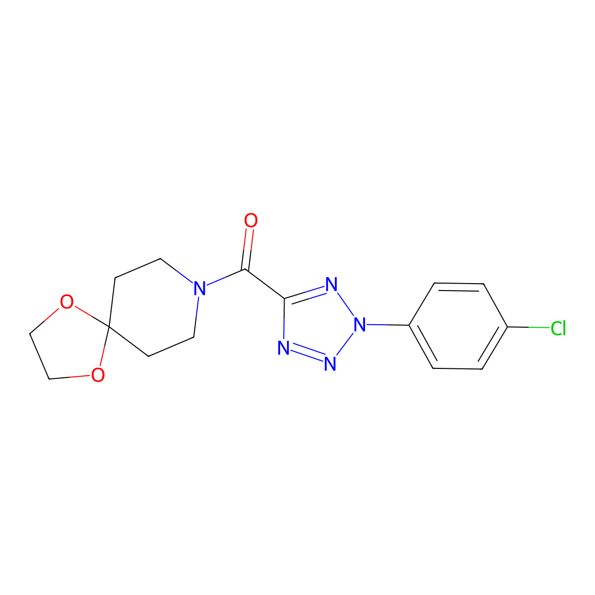 (2-(4-chlorophenyl)-2H-tetrazol-5-yl)(1,4-dioxa-8-azaspiro[4.5]decan-8-yl)methanone molecular structure, CAS 1396675-97-0