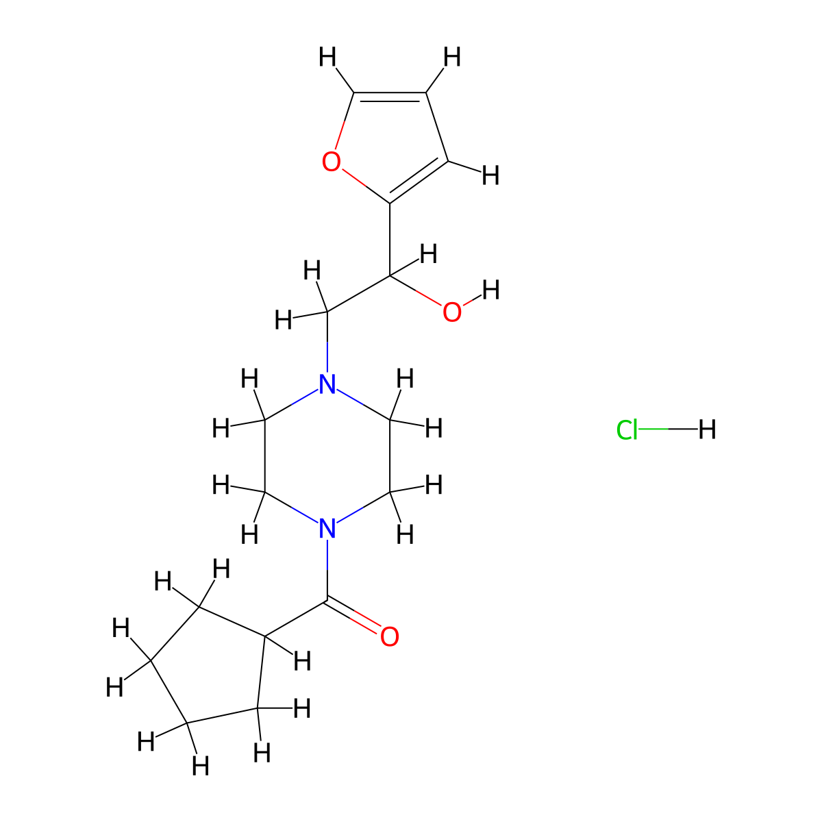 Cyclopentyl(4-(2-(furan-2-yl)-2-hydroxyethyl)piperazin-1-yl)methanone hydrochloride molecular structure, CAS 1396676-06-4