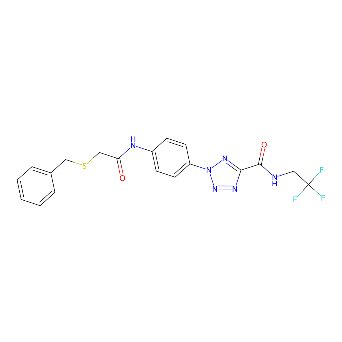 2-(4-(2-(benzylthio)acetamido)phenyl)-N-(2,2,2-trifluoroethyl)-2H-tetrazole-5-carboxamide molecular structure, CAS 1396676-22-4