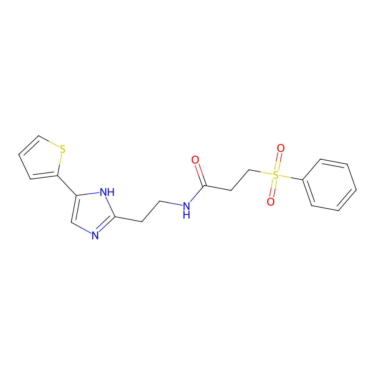 3-(phenylsulfonyl)-N-(2-(4-(thiophen-2-yl)-1H-imidazol-2-yl)ethyl)propanamide molecular structure, CAS 1396676-25-7
