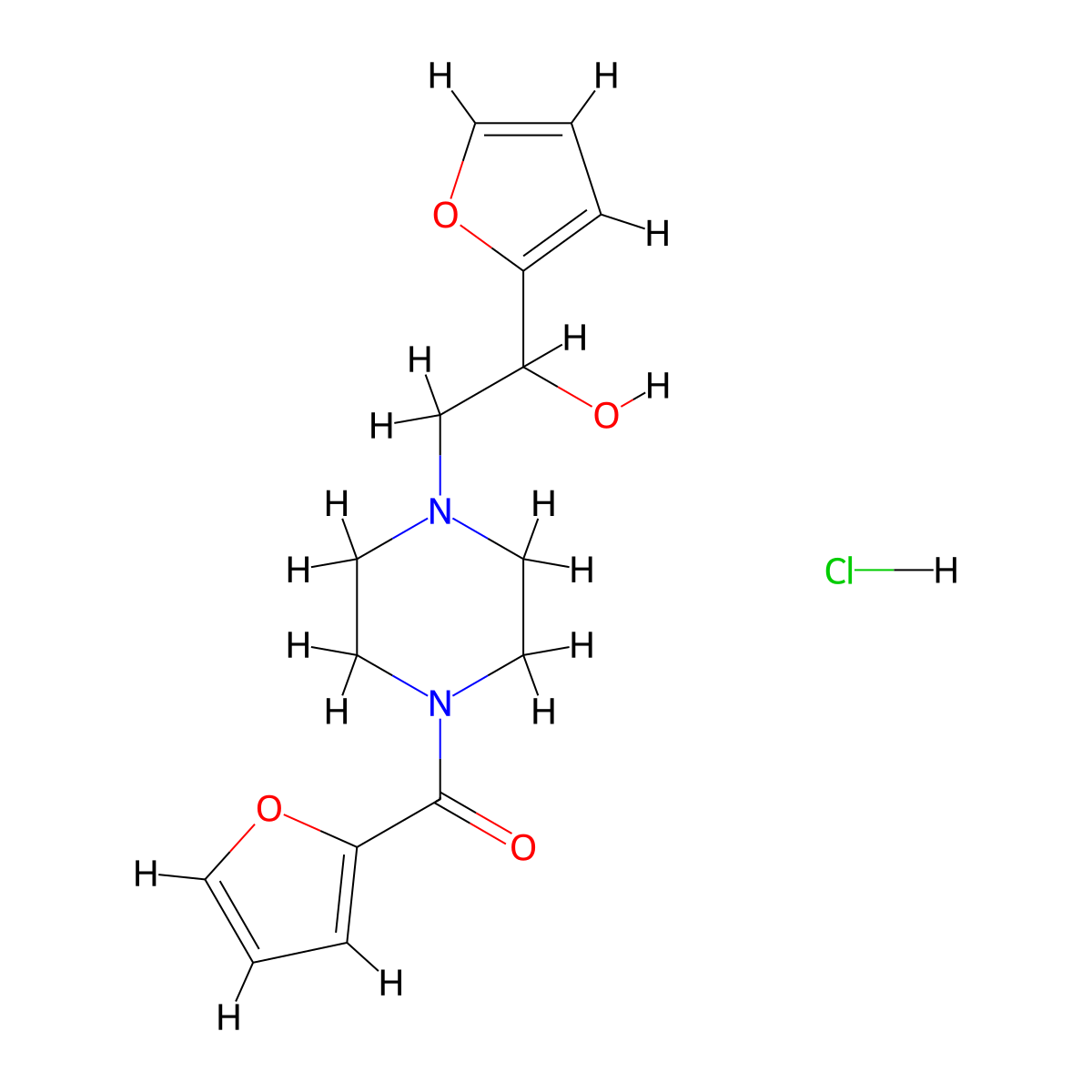 Furan-2-yl(4-(2-(furan-2-yl)-2-hydroxyethyl)piperazin-1-yl)methanone hydrochloride molecular structure, CAS 1396676-31-5