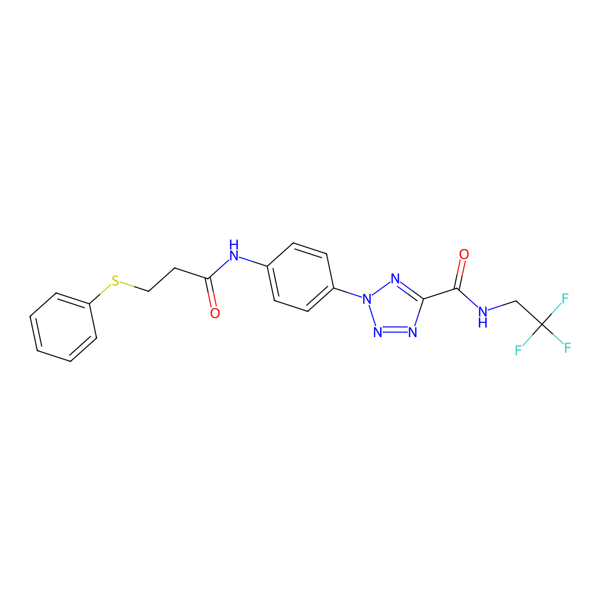 2-(4-(3-(phenylthio)propanamido)phenyl)-N-(2,2,2-trifluoroethyl)-2H-tetrazole-5-carboxamide molecular structure, CAS 1396676-36-0