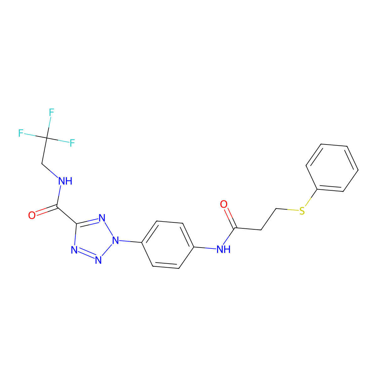 2-(4-(3-(phenylthio)propanamido)phenyl)-N-(2,2,2-trifluoroethyl)-2H-tetrazole-5-carboxamide molecular structure, CAS 1396676-36-0