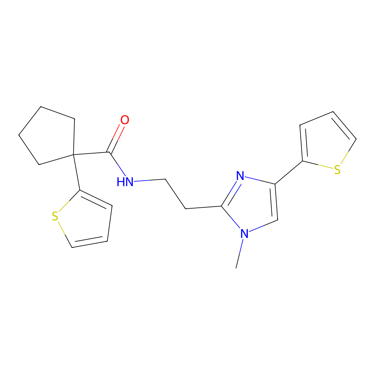 N-(2-(1-methyl-4-(thiophen-2-yl)-1H-imidazol-2-yl)ethyl)-1-(thiophen-2-yl)cyclopentanecarboxamide molecular structure, CAS 1396676-76-8