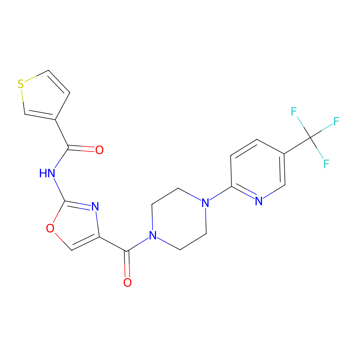 N-(4-(4-(5-(trifluoromethyl)pyridin-2-yl)piperazine-1-carbonyl)oxazol-2-yl)thiophene-3-carboxamide molecular structure, CAS 1396677-03-4