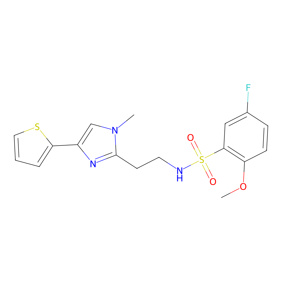 5-fluoro-2-methoxy-N-(2-(1-methyl-4-(thiophen-2-yl)-1H-imidazol-2-yl)ethyl)benzenesulfonamide molecular structure, CAS 1396677-05-6