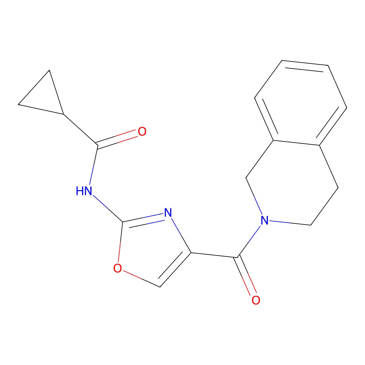 N-(4-(1,2,3,4-tetrahydroisoquinoline-2-carbonyl)oxazol-2-yl)cyclopropanecarboxamide molecular structure, CAS 1396677-08-9