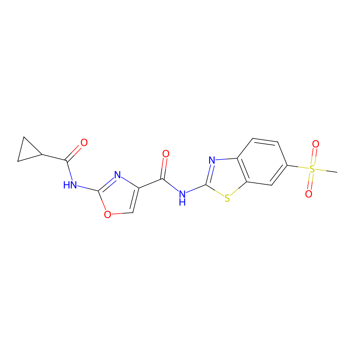 2-(cyclopropanecarboxamido)-N-(6-(methylsulfonyl)benzo[d]thiazol-2-yl)oxazole-4-carboxamide molecular structure, CAS 1396677-38-5
