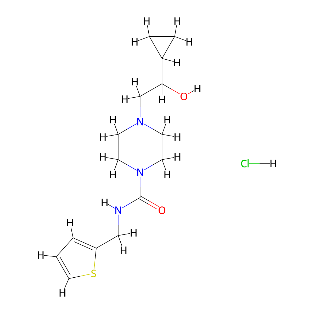 4-(2-cyclopropyl-2-hydroxyethyl)-N-(thiophen-2-ylmethyl)piperazine-1-carboxamide hydrochloride molecular structure, CAS 1396677-40-9