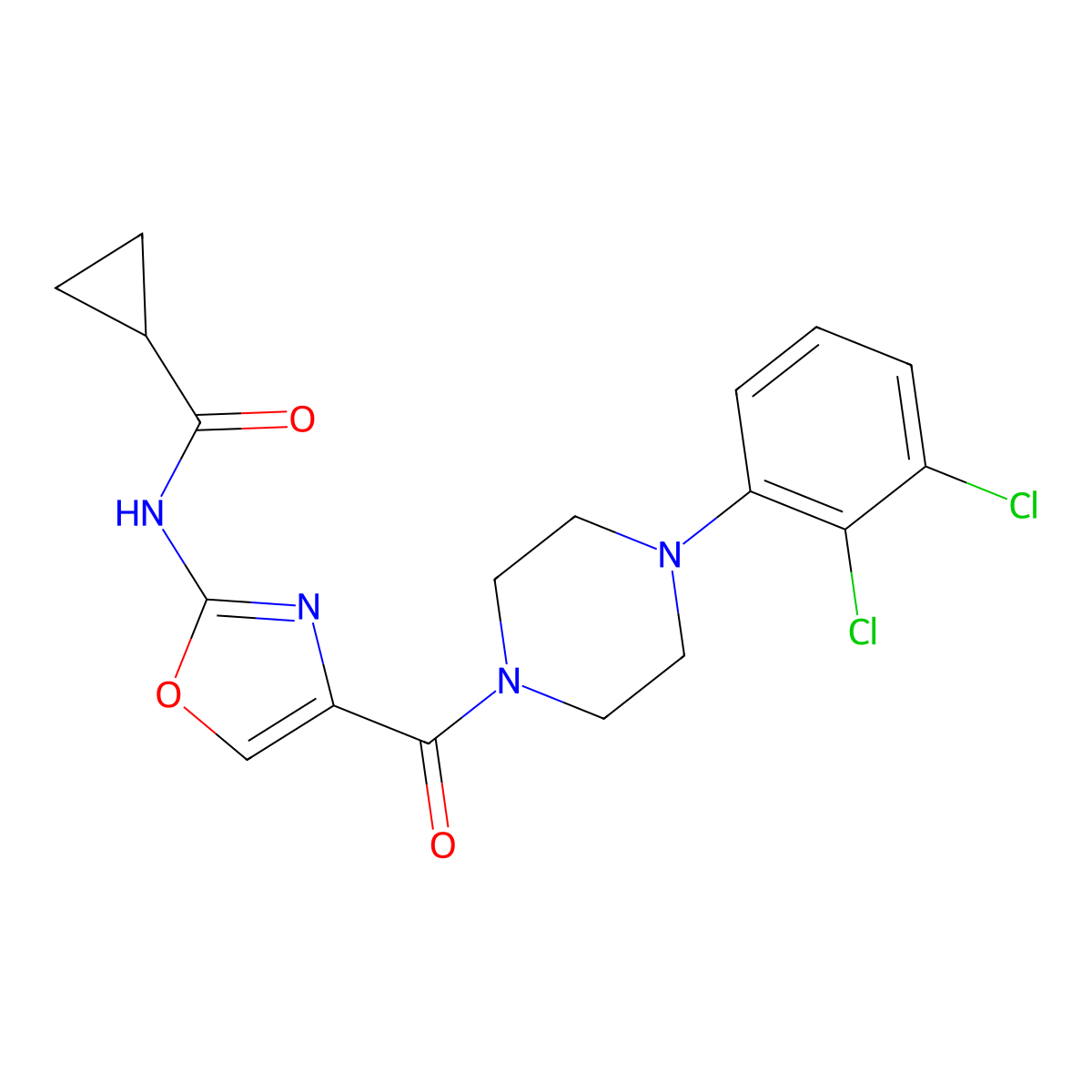 N-(4-(4-(2,3-dichlorophenyl)piperazine-1-carbonyl)oxazol-2-yl)cyclopropanecarboxamide molecular structure, CAS 1396677-53-4